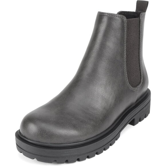 Women Grey Pu Lug Sole Low Chunky Heel Chelsea Double Elastic Ankle Booties - Picture 2 of 6